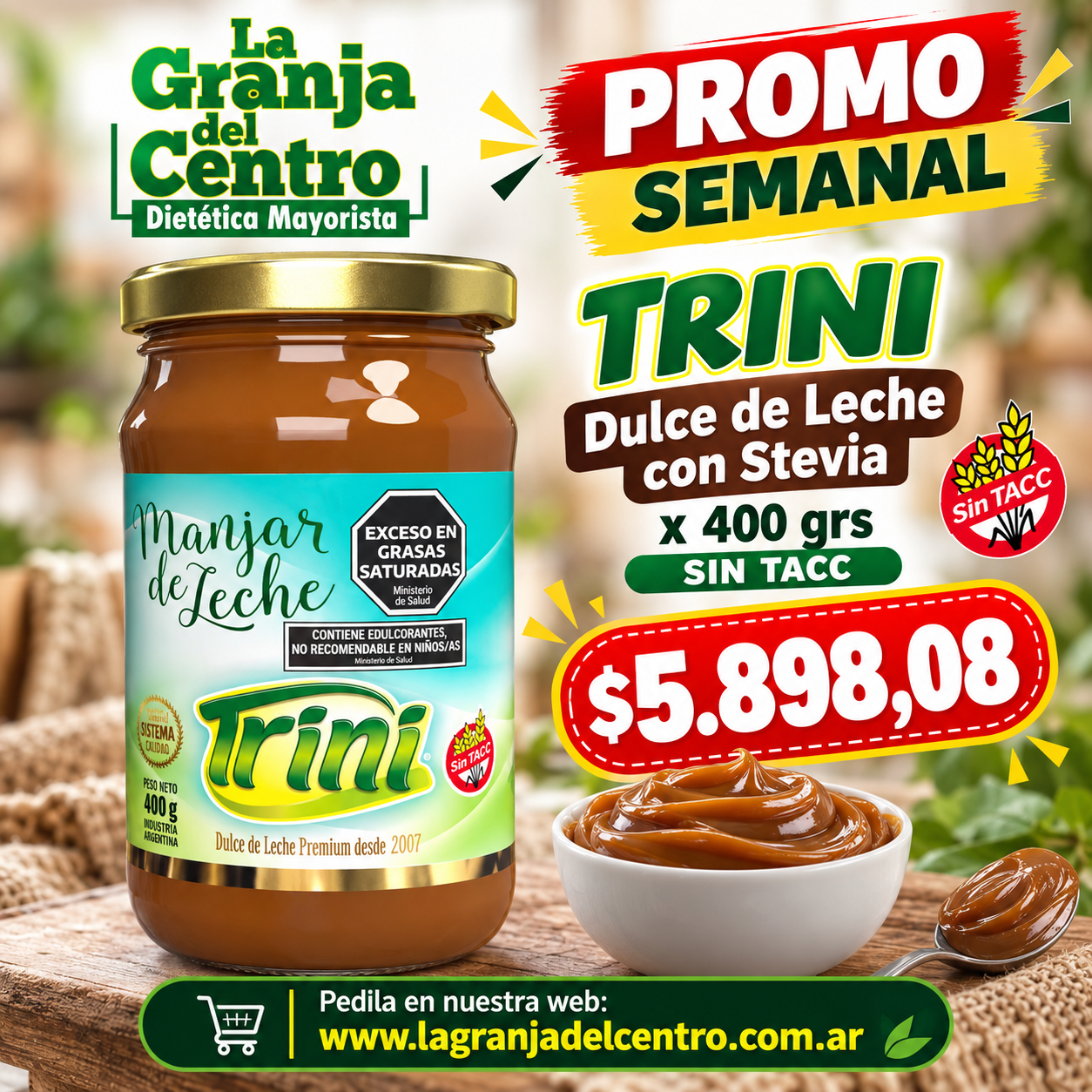 Ofertas y Promociones TRINI - Dulce de Leche con Stevia x 400 grs  SIN TACC promo semanal